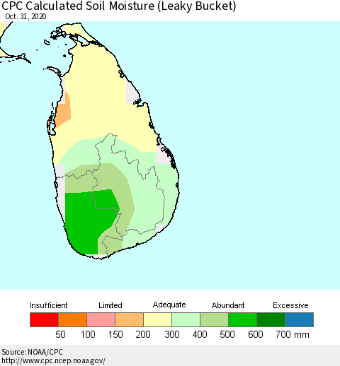 Sri Lanka CPC Soil Moisture (Leaky Bucket) Thematic Map For 10/26/2020 - 10/31/2020