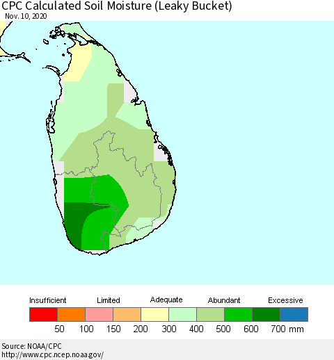 Sri Lanka CPC Calculated Soil Moisture (Leaky Bucket) Thematic Map For 11/6/2020 - 11/10/2020
