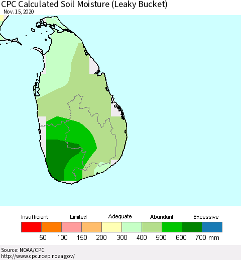 Sri Lanka CPC Calculated Soil Moisture (Leaky Bucket) Thematic Map For 11/11/2020 - 11/15/2020