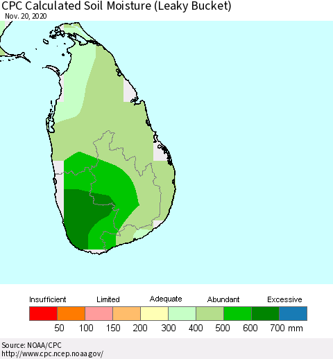 Sri Lanka CPC Soil Moisture (Leaky Bucket) Thematic Map For 11/16/2020 - 11/20/2020