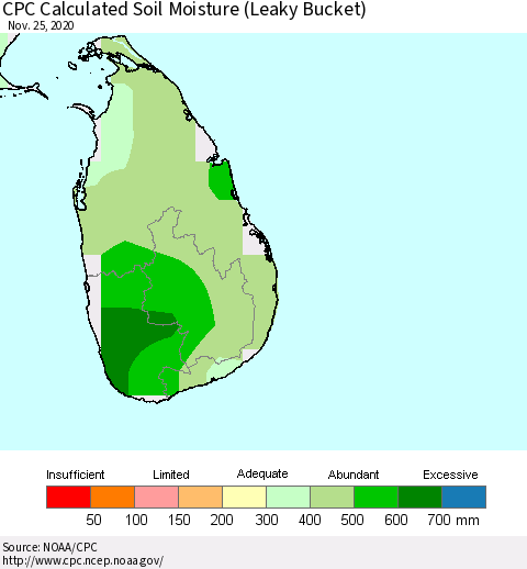 Sri Lanka CPC Soil Moisture (Leaky Bucket) Thematic Map For 11/21/2020 - 11/25/2020