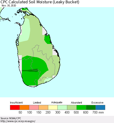 Sri Lanka CPC Calculated Soil Moisture (Leaky Bucket) Thematic Map For 11/26/2020 - 11/30/2020