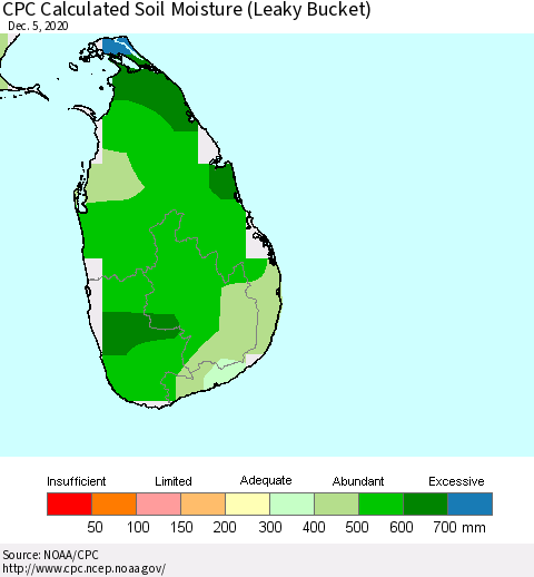 Sri Lanka CPC Calculated Soil Moisture (Leaky Bucket) Thematic Map For 12/1/2020 - 12/5/2020