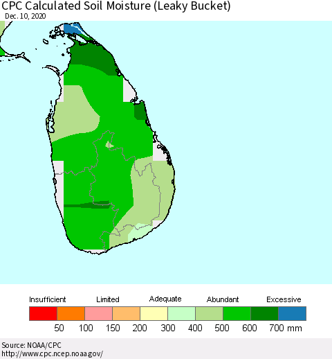 Sri Lanka CPC Calculated Soil Moisture (Leaky Bucket) Thematic Map For 12/6/2020 - 12/10/2020