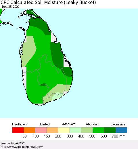 Sri Lanka CPC Calculated Soil Moisture (Leaky Bucket) Thematic Map For 12/21/2020 - 12/25/2020