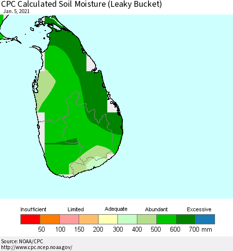Sri Lanka CPC Calculated Soil Moisture (Leaky Bucket) Thematic Map For 1/1/2021 - 1/5/2021