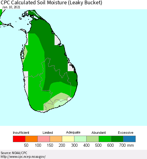 Sri Lanka CPC Calculated Soil Moisture (Leaky Bucket) Thematic Map For 1/6/2021 - 1/10/2021