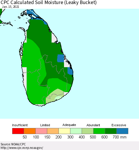 Sri Lanka CPC Soil Moisture (Leaky Bucket) Thematic Map For 1/11/2021 - 1/15/2021