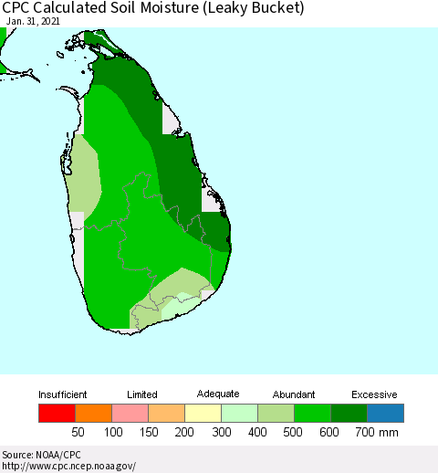 Sri Lanka CPC Soil Moisture (Leaky Bucket) Thematic Map For 1/26/2021 - 1/31/2021