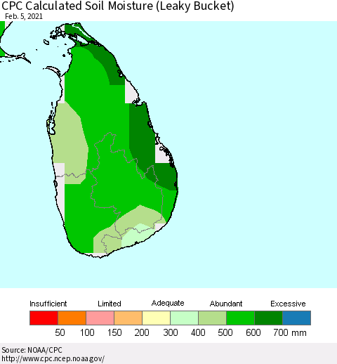 Sri Lanka CPC Calculated Soil Moisture (Leaky Bucket) Thematic Map For 2/1/2021 - 2/5/2021