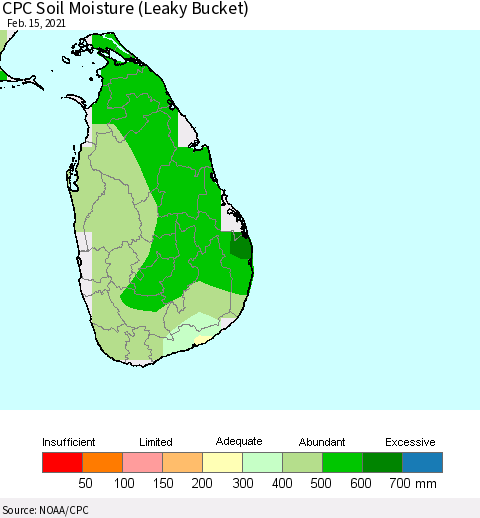 Sri Lanka CPC Soil Moisture (Leaky Bucket) Thematic Map For 2/11/2021 - 2/15/2021