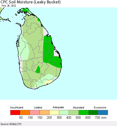 Sri Lanka CPC Calculated Soil Moisture (Leaky Bucket) Thematic Map For 2/26/2021 - 2/28/2021