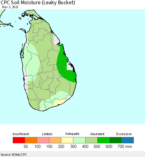 Sri Lanka CPC Soil Moisture (Leaky Bucket) Thematic Map For 3/1/2021 - 3/5/2021