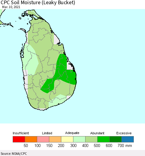 Sri Lanka CPC Calculated Soil Moisture (Leaky Bucket) Thematic Map For 3/6/2021 - 3/10/2021