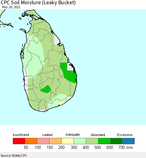Sri Lanka CPC Calculated Soil Moisture (Leaky Bucket) Thematic Map For 3/16/2021 - 3/20/2021