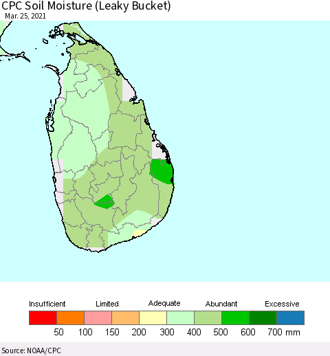 Sri Lanka CPC Calculated Soil Moisture (Leaky Bucket) Thematic Map For 3/21/2021 - 3/25/2021