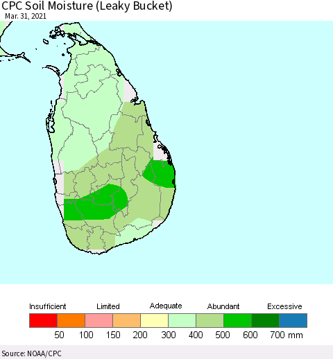 Sri Lanka CPC Soil Moisture (Leaky Bucket) Thematic Map For 3/26/2021 - 3/31/2021