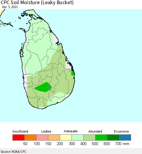 Sri Lanka CPC Calculated Soil Moisture (Leaky Bucket) Thematic Map For 4/1/2021 - 4/5/2021