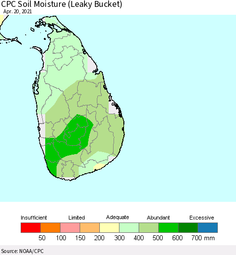 Sri Lanka CPC Calculated Soil Moisture (Leaky Bucket) Thematic Map For 4/16/2021 - 4/20/2021