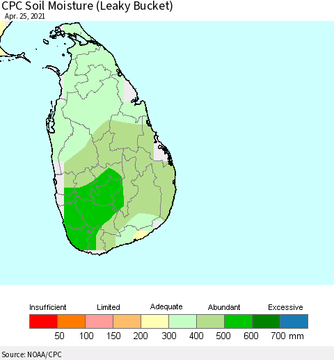 Sri Lanka CPC Calculated Soil Moisture (Leaky Bucket) Thematic Map For 4/21/2021 - 4/25/2021