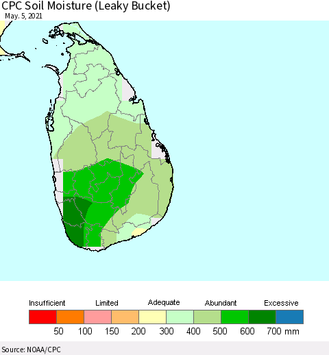 Sri Lanka CPC Calculated Soil Moisture (Leaky Bucket) Thematic Map For 5/1/2021 - 5/5/2021