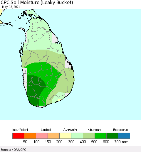 Sri Lanka CPC Calculated Soil Moisture (Leaky Bucket) Thematic Map For 5/11/2021 - 5/15/2021