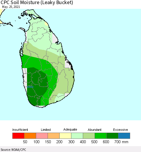 Sri Lanka CPC Calculated Soil Moisture (Leaky Bucket) Thematic Map For 5/21/2021 - 5/25/2021