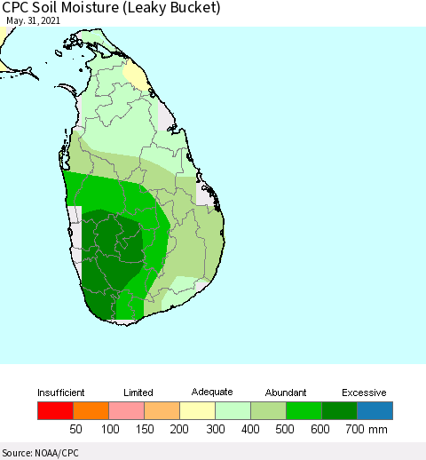 Sri Lanka CPC Soil Moisture (Leaky Bucket) Thematic Map For 5/26/2021 - 5/31/2021