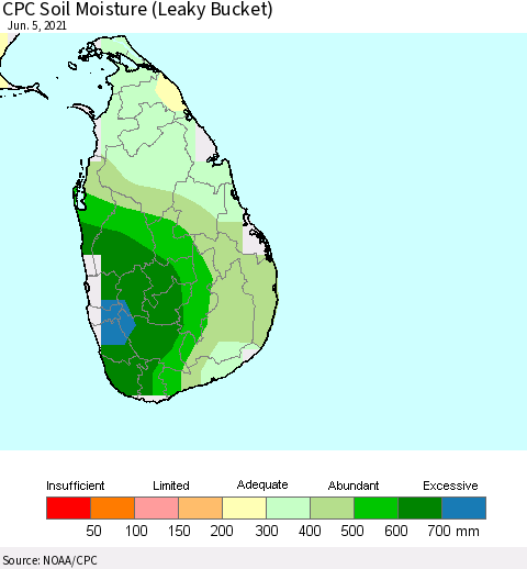 Sri Lanka CPC Calculated Soil Moisture (Leaky Bucket) Thematic Map For 6/1/2021 - 6/5/2021