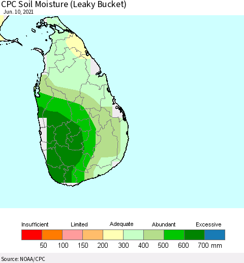 Sri Lanka CPC Calculated Soil Moisture (Leaky Bucket) Thematic Map For 6/6/2021 - 6/10/2021