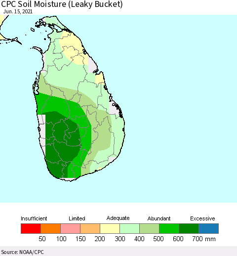 Sri Lanka CPC Calculated Soil Moisture (Leaky Bucket) Thematic Map For 6/11/2021 - 6/15/2021