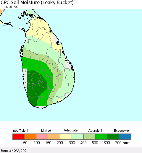 Sri Lanka CPC Soil Moisture (Leaky Bucket) Thematic Map For 6/16/2021 - 6/20/2021