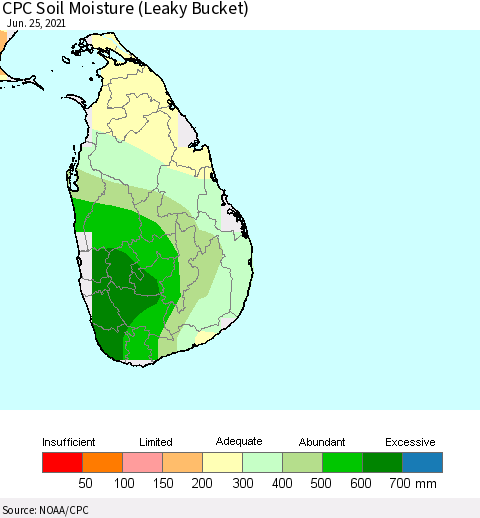 Sri Lanka CPC Calculated Soil Moisture (Leaky Bucket) Thematic Map For 6/21/2021 - 6/25/2021