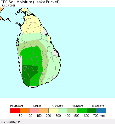 Sri Lanka CPC Calculated Soil Moisture (Leaky Bucket) Thematic Map For 7/11/2021 - 7/15/2021