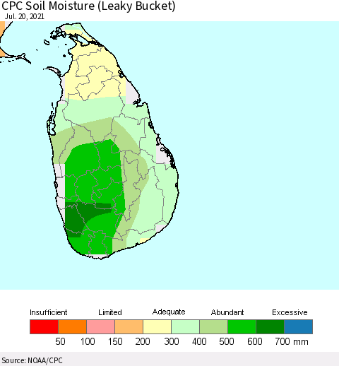 Sri Lanka CPC Calculated Soil Moisture (Leaky Bucket) Thematic Map For 7/16/2021 - 7/20/2021
