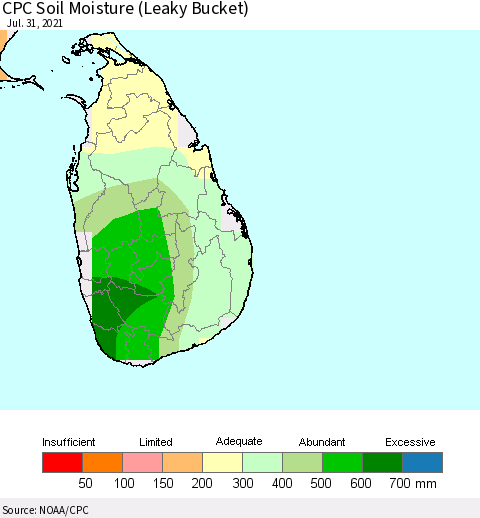 Sri Lanka CPC Soil Moisture (Leaky Bucket) Thematic Map For 7/26/2021 - 7/31/2021
