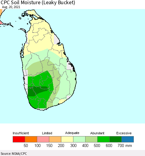 Sri Lanka CPC Calculated Soil Moisture (Leaky Bucket) Thematic Map For 8/16/2021 - 8/20/2021