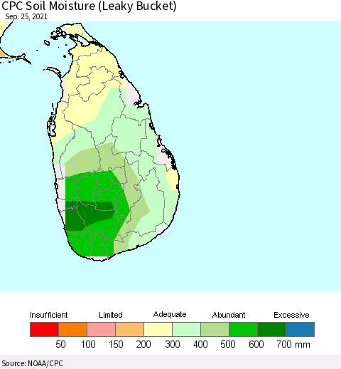 Sri Lanka CPC Calculated Soil Moisture (Leaky Bucket) Thematic Map For 9/21/2021 - 9/25/2021