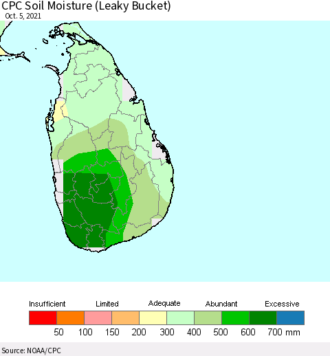 Sri Lanka CPC Calculated Soil Moisture (Leaky Bucket) Thematic Map For 10/1/2021 - 10/5/2021