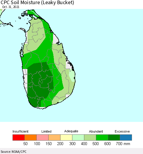 Sri Lanka CPC Calculated Soil Moisture (Leaky Bucket) Thematic Map For 10/26/2021 - 10/31/2021