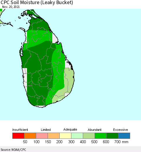 Sri Lanka CPC Calculated Soil Moisture (Leaky Bucket) Thematic Map For 11/16/2021 - 11/20/2021
