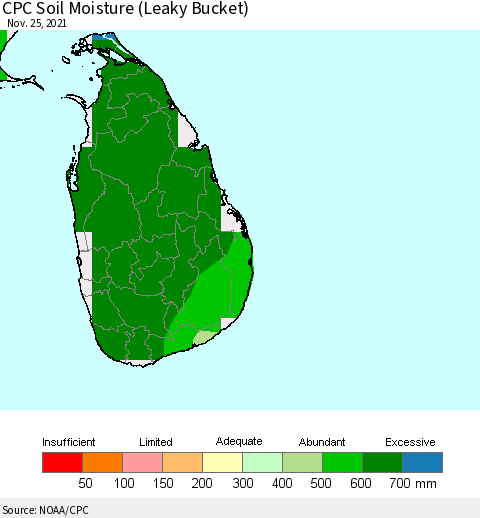 Sri Lanka CPC Calculated Soil Moisture (Leaky Bucket) Thematic Map For 11/21/2021 - 11/25/2021