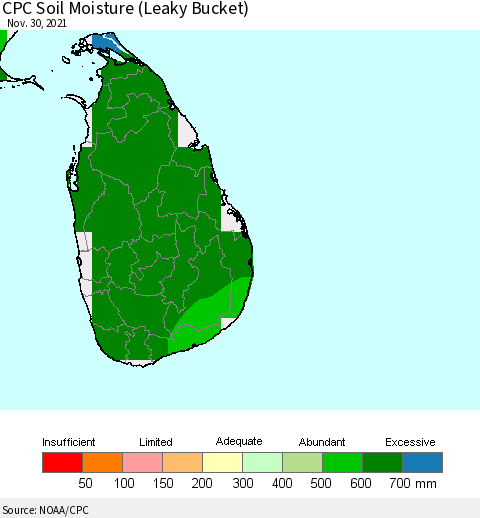 Sri Lanka CPC Calculated Soil Moisture (Leaky Bucket) Thematic Map For 11/26/2021 - 11/30/2021
