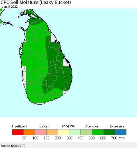 Sri Lanka CPC Calculated Soil Moisture (Leaky Bucket) Thematic Map For 1/1/2022 - 1/5/2022