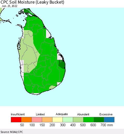 Sri Lanka CPC Calculated Soil Moisture (Leaky Bucket) Thematic Map For 1/21/2022 - 1/25/2022