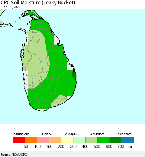 Sri Lanka CPC Soil Moisture (Leaky Bucket) Thematic Map For 1/26/2022 - 1/31/2022