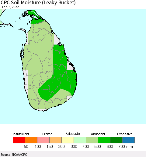 Sri Lanka CPC Calculated Soil Moisture (Leaky Bucket) Thematic Map For 2/1/2022 - 2/5/2022