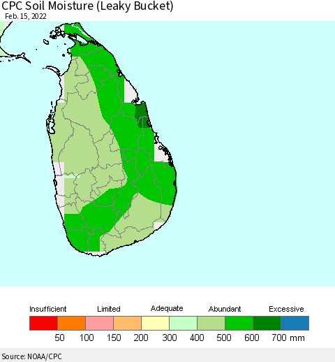 Sri Lanka CPC Calculated Soil Moisture (Leaky Bucket) Thematic Map For 2/11/2022 - 2/15/2022