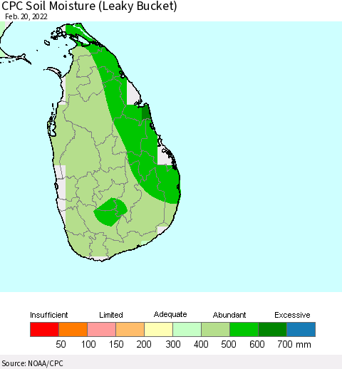 Sri Lanka CPC Calculated Soil Moisture (Leaky Bucket) Thematic Map For 2/16/2022 - 2/20/2022