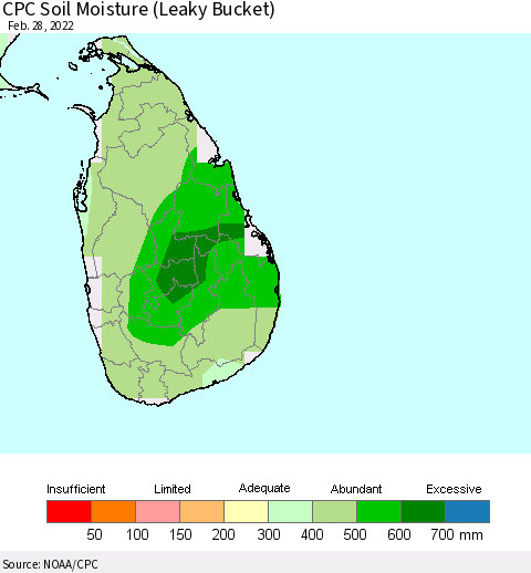 Sri Lanka CPC Calculated Soil Moisture (Leaky Bucket) Thematic Map For 2/26/2022 - 2/28/2022